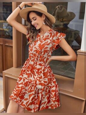 HOTOUCH Women Short Ruffle Sleeve Dress Tiered Mini Dress with Pockets-SIZE L